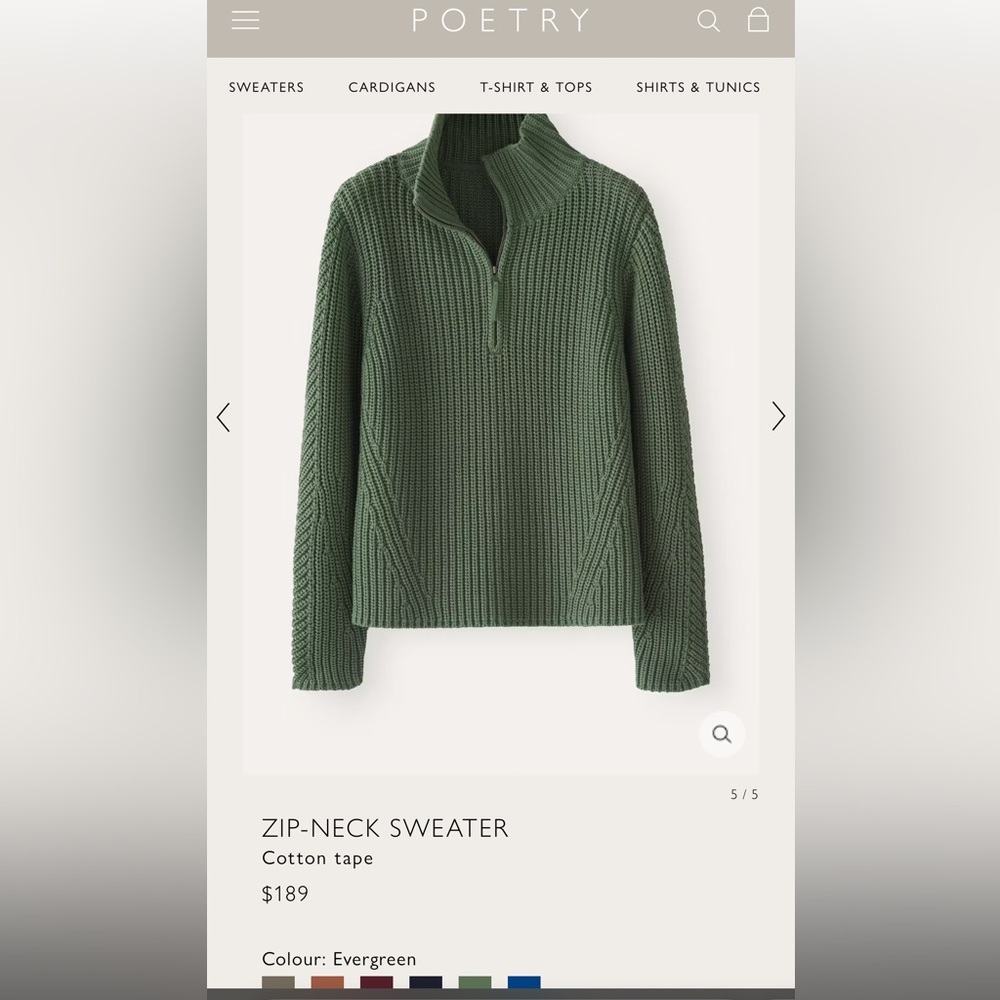 Poetry cotton zip neck sweater size 4 in evergreen